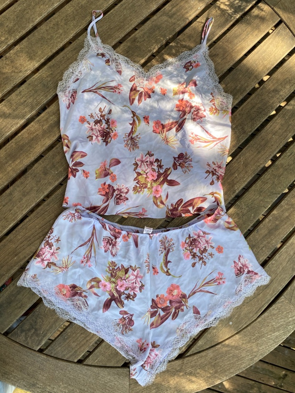 Victoria's Secret Lace-Trim Cami & Shorts Set Lilac Purple Satin Silk Floral PJ